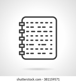 Spiral notebook with abstract sample text. Office supplies. Business notes. Management. Vector icon simple black line style. Single design element for website, business.