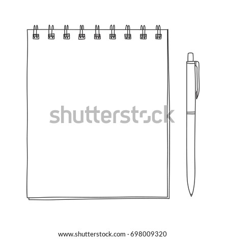 spiral notebook and ballpoint Pen hand drawn vector line art illustration