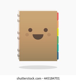 Spiral notebook cartoon logo. Diary emoji doodle character. Cute sketchpad with face and smile. Vector illustration.