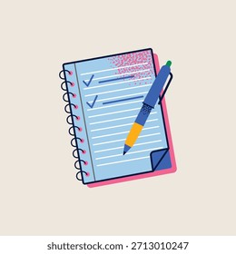 Ilustración vectorial de lista de comprobación de cuaderno espiral. Lista de tareas pendientes, finalización de tareas, Organización, notas de estudio, negocios. Ilustración vectorial plana. Concepto de gestión de productividad, planificación y flujo de trabajo