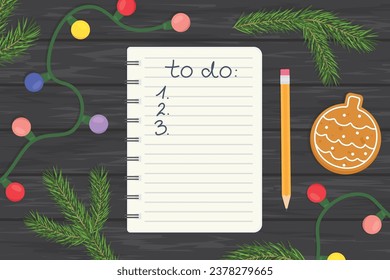 spiral notebook with christmas to do list; christmas planning -vector illustration