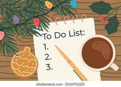 spiral notebook with christmas to do list; planning winter holiday shopping, chores -vector illustration