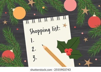 spiral notebook with christmas shopping list; christmas planning -vector illustration