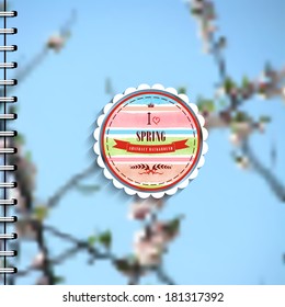 Spiral notebook cover design. Abstract vector spring background. Flowering tree. Beautiful inscription in retro style - I love spring. Crown, heart, ribbon and branch. Watercolor frame with stripes.