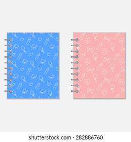 Spiral notebook cover design. Baby boy and baby girl style wrapers. Mothers diary