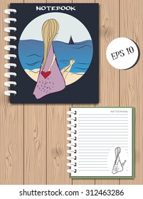 Spiral notebook cover design on the wooden background. sketched illustrated girl with long blond hair