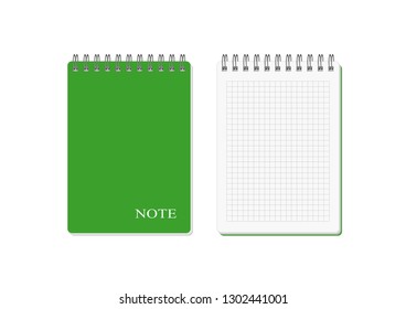 Spiral notebook with a cover of green color and with the inscription note and the same open 