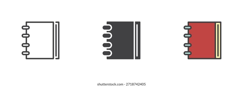 Spiral notebook education icon set in line, solid and filled outline colorful style. Note taking vector sign and symbol. Education icon for study, school notes and organization.