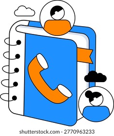A spiral notebook featuring a telephone handset icon and user profile avatars. This represents a business contact directory or customer relationship management system.