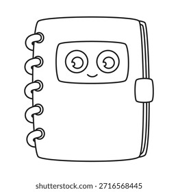 Icono del cuaderno de la espiral con la cara sonriente aislada en el fondo blanco, Ilustración vectorial plana 