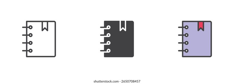 Spiral notebook or journal book icon set. Includes line, solid and colorful filled outline versions. Study, writing and notes vector icon symbol.