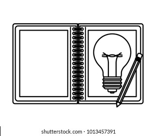 spiral notebook with light bulb in sheet and pencil in black contour