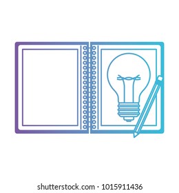 spiral notebook with light bulb in sheet and pencil in degraded purple to blue contour