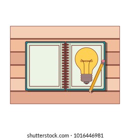 spiral notebook with light bulb in sheet and pencil over desk on top view in colorful silhouette with thin red contour