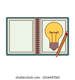 spiral notebook with light bulb in sheet and pencil in colorful silhouette with thin red contour