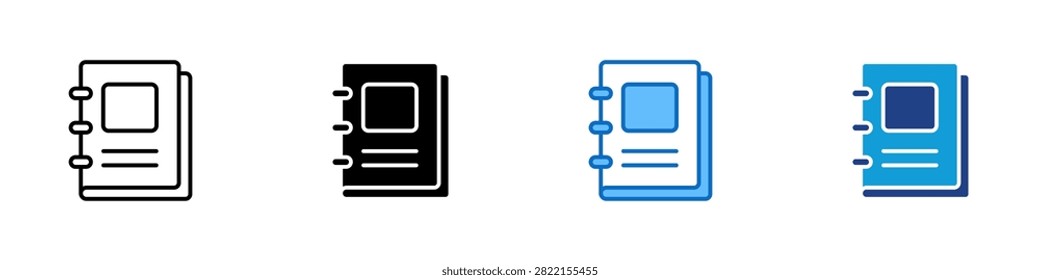 Spiral Notebook Multiple Style Icon Design Vector - Spiral notebook with lines representing notetaking journal, planner documentation, and office writing organization for study or business