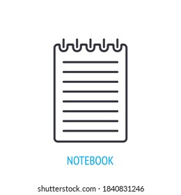 Spiral notebook with notes. Outline icon. Vector illustration. Lined paper notepad. Symbols of office supplies and education. Thin line pictogram for user interface. Isolated white background
