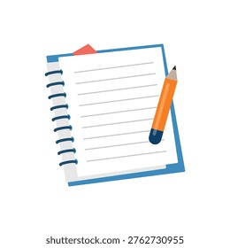 Spiral notebook with orange pencil and paper bookmark vector illustration