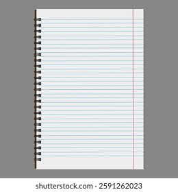 Spiral notebook page. Lined paper sheet. Blank ruled template. Writing pad illustration.