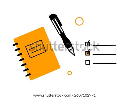 Spiral notebook, pen, and checklist with ticked boxes shown in flat graphic style on white background. Concept of planning, productivity, and organization. Vector illustration
