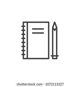 Spiral notebook and pen outline icon. linear style sign for mobile concept and web design. Note pad stationery simple line vector icon. Symbol, logo illustration. Pixel perfect vector graphics