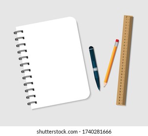 Spiral notebook with pen, pencil and ruler. Notepad for note in school. A5 paper pad with cover and binder for office, education. Bound booklet with stationery for math, drawing. Blank diary. Vector.