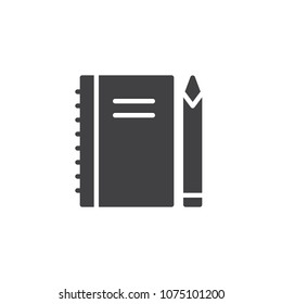 Spiral notebook and pen vector icon. filled flat sign for mobile concept and web design. Note pad stationery simple solid icon. Symbol, logo illustration. Pixel perfect vector graphics