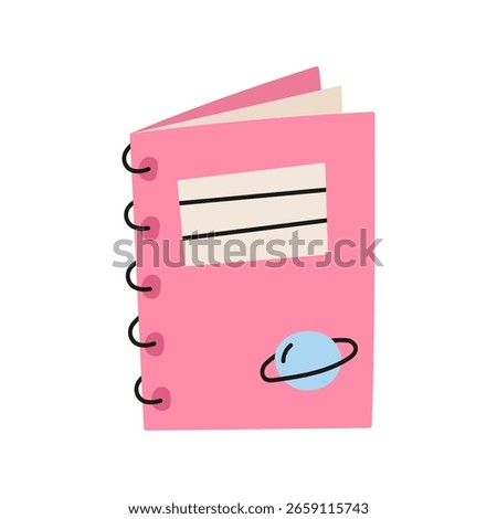 Spiral notebook with planet sticker in flat style. Cute school journal or stationery element for education and study design. Vector illustration.