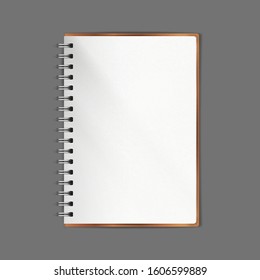 Spiral notebook. Realistic vector illustration. Diary, organizer open page. Textured paper. A5 size ratio. Isolated mock up. Brown cover.