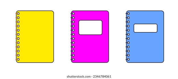 Portátil espiral. Un conjunto de cuadernos en un resorte con una ventana para texto y sin él. Un piso minimalista simple con una línea delgada. Ilustración del vector