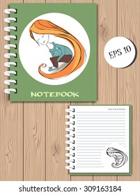 Spiral notebook sketched  cover design on the wooden background. Little girl with long foxy hair