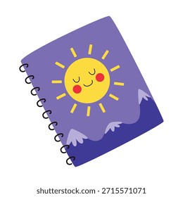 Cuaderno en espiral con un sol sonriente y montañas en la portada. Álbum de dibujo para niños, diario de poesía