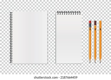 Spiral Notebook Templates With Pencil Icons - Vector Mock Up Illustrations With Copy Space Isolated On Transparent Background