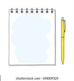 spiral notebook and yellow ballpoint Pen hand drawn vector art illustration