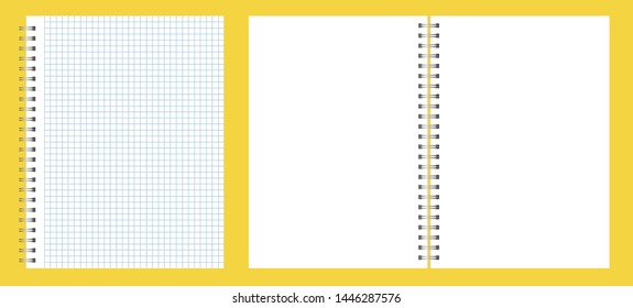 spiral for notebooks. closed and open notebook with blank sheets. silver spirals notebook, top view. Vector realistic mock-up notepad.