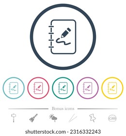 Spiral notepad with drawing outline flat color icons in round outlines. 6 bonus icons included.