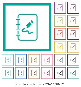 Spiral notepad with drawing outline flat color icons with quadrant frames on white background