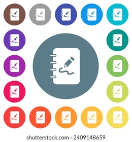 Spiral notepad with drawing solid flat white icons on round color backgrounds. 17 background color variations are included.