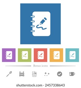 Spiral notepad with drawing solid flat white icons in square backgrounds. 6 bonus icons included.