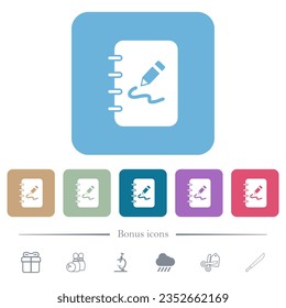 Spiral notepad with drawing solid white flat icons on color rounded square backgrounds. 6 bonus icons included