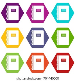 Spiral notepad icon set many color hexahedron isolated on white vector illustration