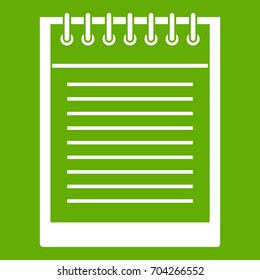 Spiral notepad icon white isolated on green background. Vector illustration