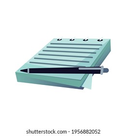 Spiral notepad with lined pages and pen flat vector illustration