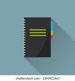 Spiral notepad, notebook with bookmarks. Simple, flat style.