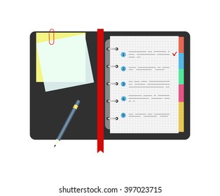 Spiral notepad notebook with to do list and pencil. Flat design