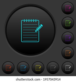 Spiral notepad with pencil dark push buttons with vivid color icons on dark grey background