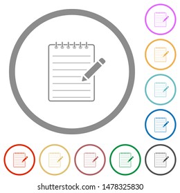 Spiral notepad with pencil flat color icons in round outlines on white background