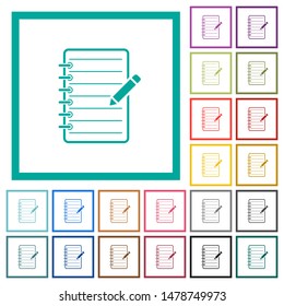 Spiral notepad with pencil flat color icons with quadrant frames on white background