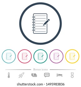 Spiral notepad with pencil flat color icons in round outlines. 6 bonus icons included.