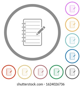 Spiral notepad with pencil flat color icons in round outlines on white background
